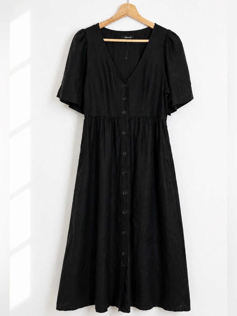 Madewell Linen Pleated Shirtdress Short Sleeve Black Size Small Relaxed Fit Midi - Picture 6 of 13